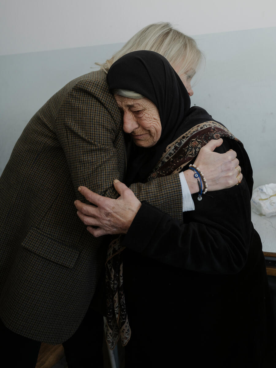Unhcr Representative in Lebanon Karolina Lindhome (L) hugs Saada, 90, (R) a displaced woman, during the Unhcr relief distribution in a school turned to a shelter, as thousands of people fled their homes after Israeli strikes started on March 2nd in southern Lebanon and capital Beirut.   According to the Ministry of Social Policy, More than 660 thousand people are now internally displaced within Lebanon, since Israeli attacks on Lebanon began on March 2, 2026 and 120,000 of them have found shelter in collect