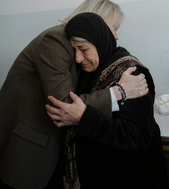 Unhcr Representative in Lebanon Karolina Lindhome (L) hugs Saada, 90, (R) a displaced woman, during the Unhcr relief distribution in a school turned to a shelter, as thousands of people fled their homes after Israeli strikes started on March 2nd in southern Lebanon and capital Beirut.   According to the Ministry of Social Policy, More than 660 thousand people are now internally displaced within Lebanon, since Israeli attacks on Lebanon began on March 2, 2026 and 120,000 of them have found shelter in collect