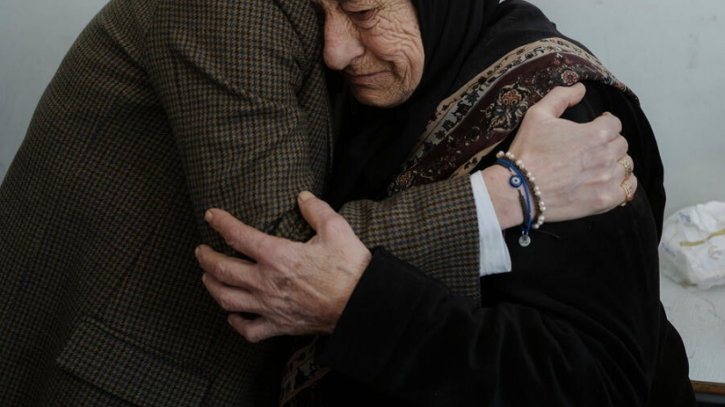 Unhcr Representative in Lebanon Karolina Lindhome (L) hugs Saada, 90, (R) a displaced woman, during the Unhcr relief distribution in a school turned to a shelter, as thousands of people fled their homes after Israeli strikes started on March 2nd in southern Lebanon and capital Beirut.   According to the Ministry of Social Policy, More than 660 thousand people are now internally displaced within Lebanon, since Israeli attacks on Lebanon began on March 2, 2026 and 120,000 of them have found shelter in collect